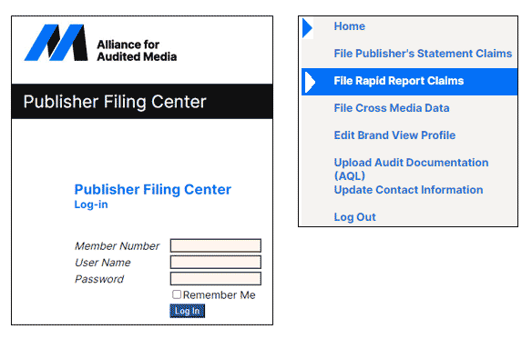 Log in to the Publisher Filing Center and select File Rapid Report Claims