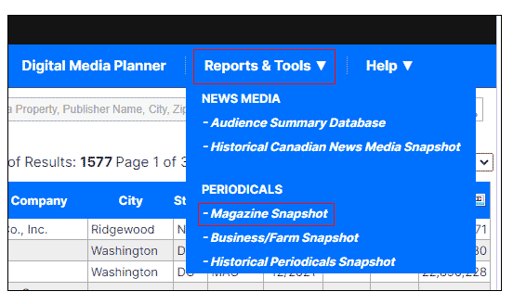 Under Reports & Tools, select Magazine Snapshot