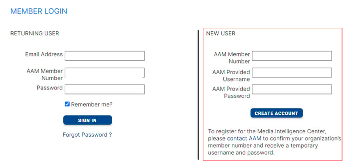 Enter your AAM-supplied credentials in the New User section.
