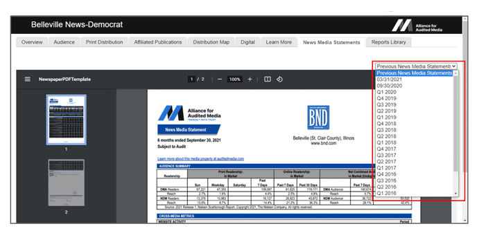 View historical reports under the Previous News Media Statement drop down menu.