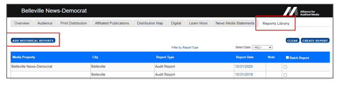 Click Add Historical Reports to view older reports in the Reports Library.