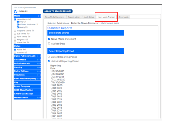 View historical data in the News Media Analyzer