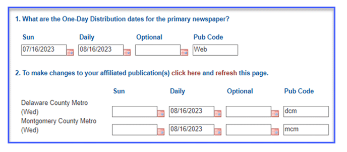 Select one-day distribution dates and pub codes for affiliated publications.