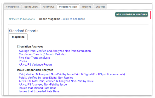 Select the Add Historical Reports button in the Periodical Analyzer