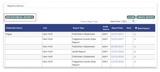 Viewing historical reports in the Reports Library.