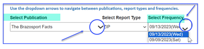 Use dropdown arrows to navigate between publications and frequencies.